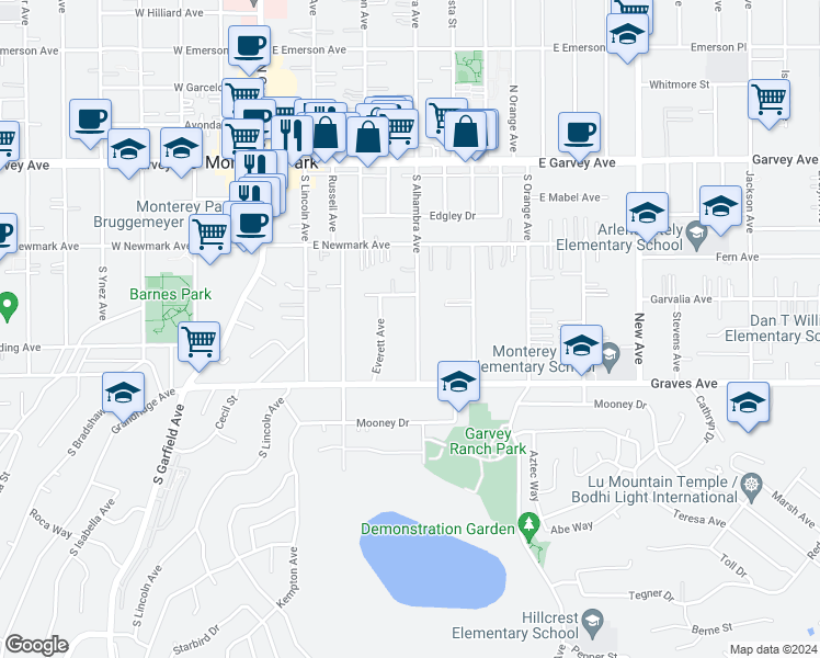 map of restaurants, bars, coffee shops, grocery stores, and more near 429 South Alhambra Avenue in Monterey Park