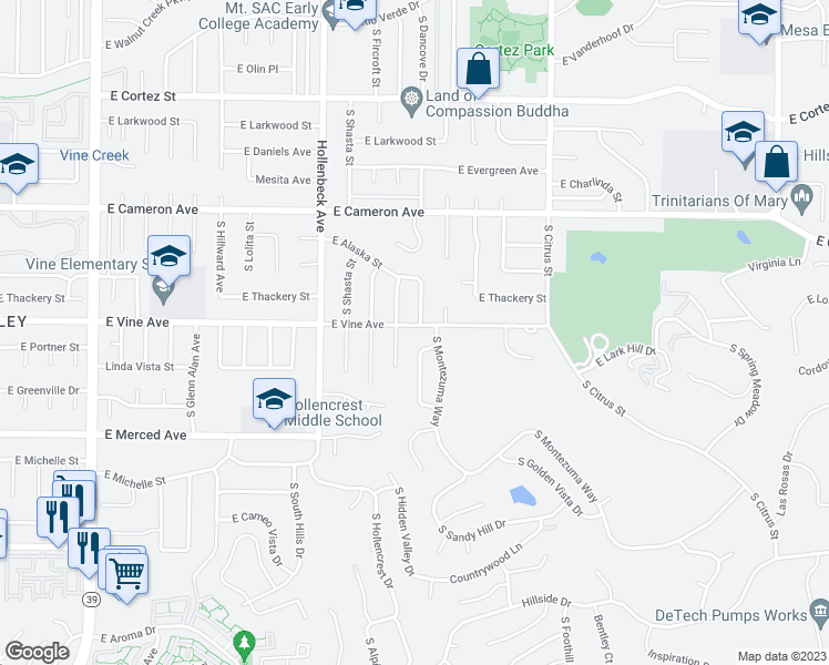 map of restaurants, bars, coffee shops, grocery stores, and more near 2328 East Vine Avenue in West Covina