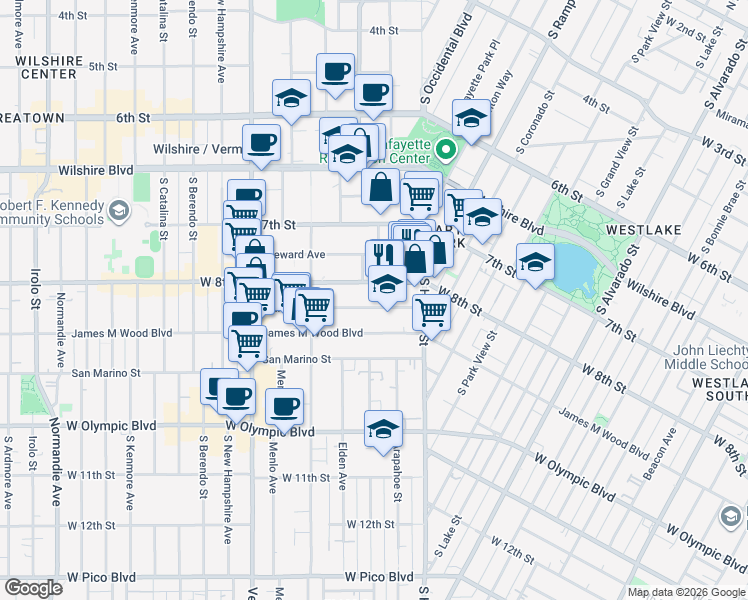 map of restaurants, bars, coffee shops, grocery stores, and more near 2783 Francis Avenue in Los Angeles