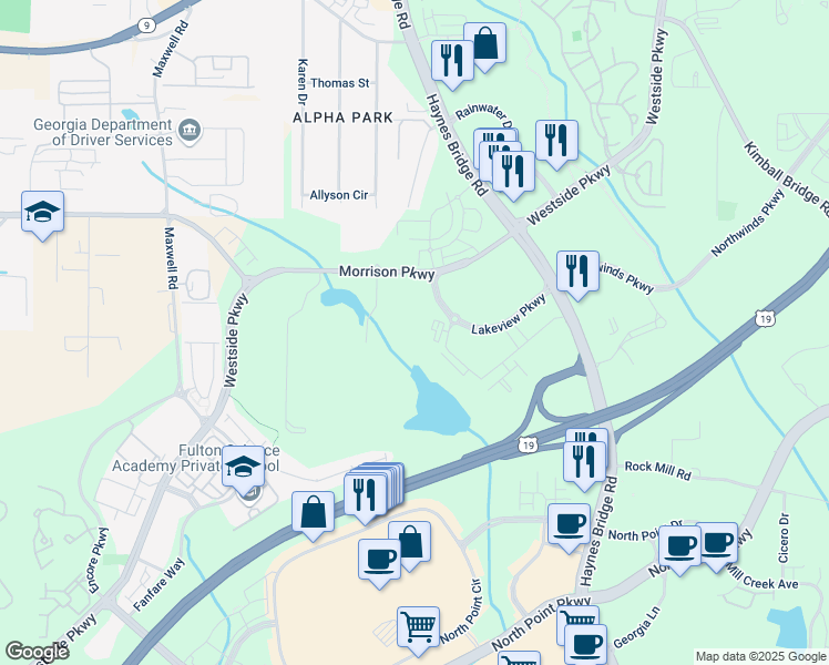 map of restaurants, bars, coffee shops, grocery stores, and more near 2325 Lakeview Parkway in Alpharetta