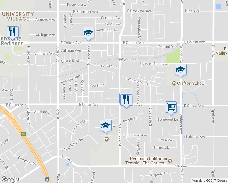 map of restaurants, bars, coffee shops, grocery stores, and more near 1582 Lisa Lane in Redlands