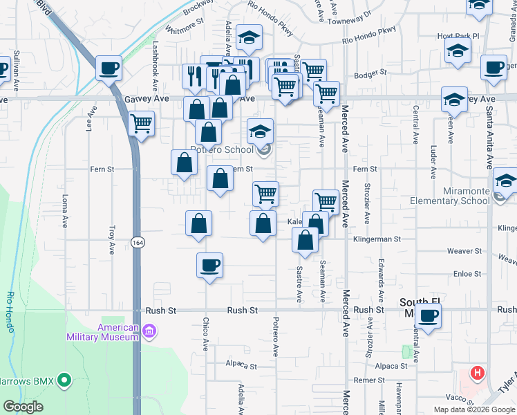 map of restaurants, bars, coffee shops, grocery stores, and more near 2458 Tamora Avenue in South El Monte