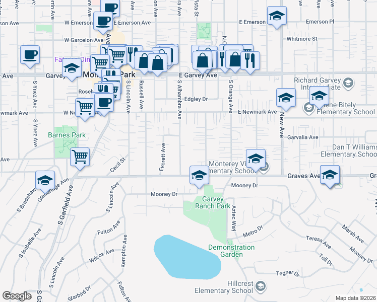 map of restaurants, bars, coffee shops, grocery stores, and more near 432 South Alhambra Avenue in Monterey Park