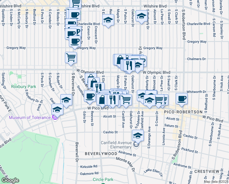 map of restaurants, bars, coffee shops, grocery stores, and more near 454 South Rexford Drive in Beverly Hills