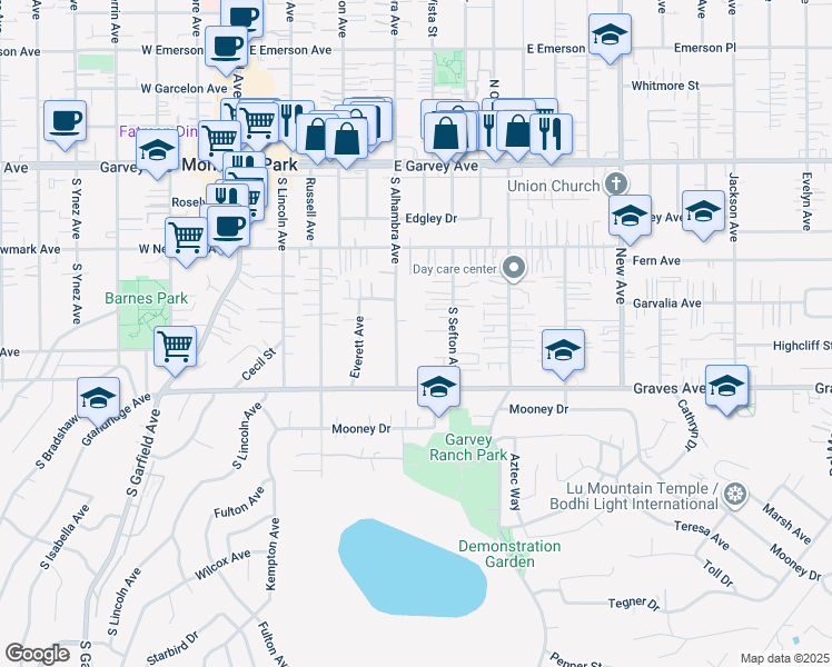 map of restaurants, bars, coffee shops, grocery stores, and more near 432 South Alhambra Avenue in Monterey Park