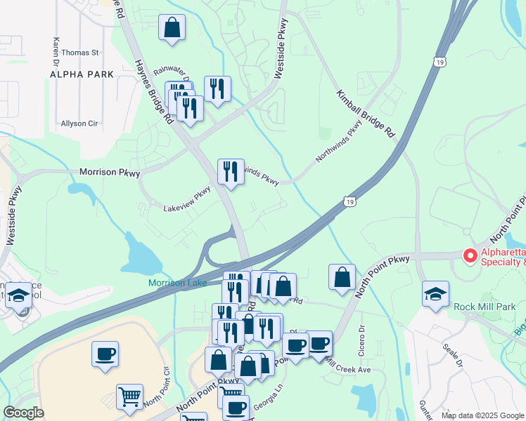 map of restaurants, bars, coffee shops, grocery stores, and more near 7130 Summit Place in Alpharetta