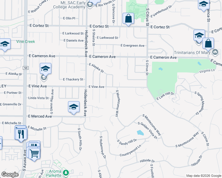 map of restaurants, bars, coffee shops, grocery stores, and more near 945 South Manzanita Drive in West Covina