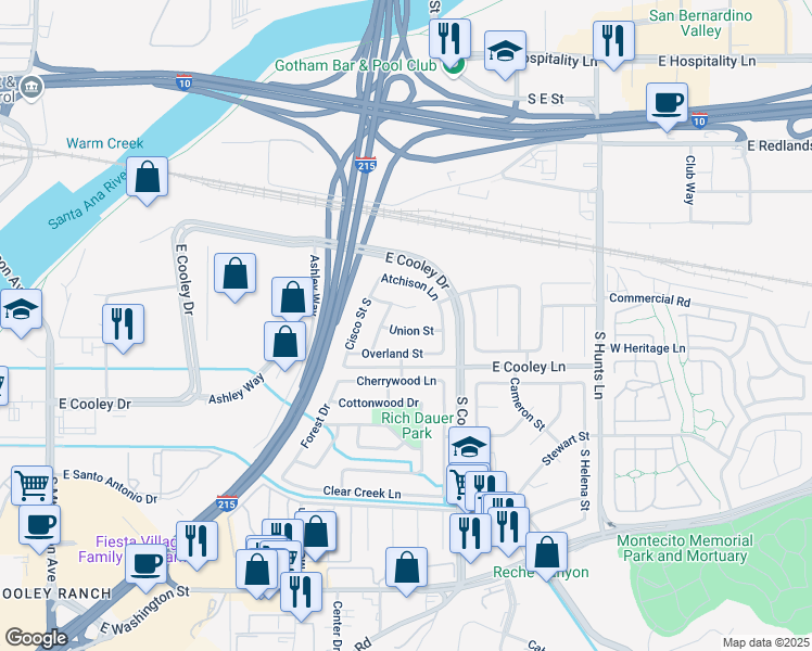map of restaurants, bars, coffee shops, grocery stores, and more near 786 Santa Fe Lane in Colton
