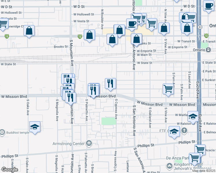 map of restaurants, bars, coffee shops, grocery stores, and more near 850 West Mission Boulevard in Ontario
