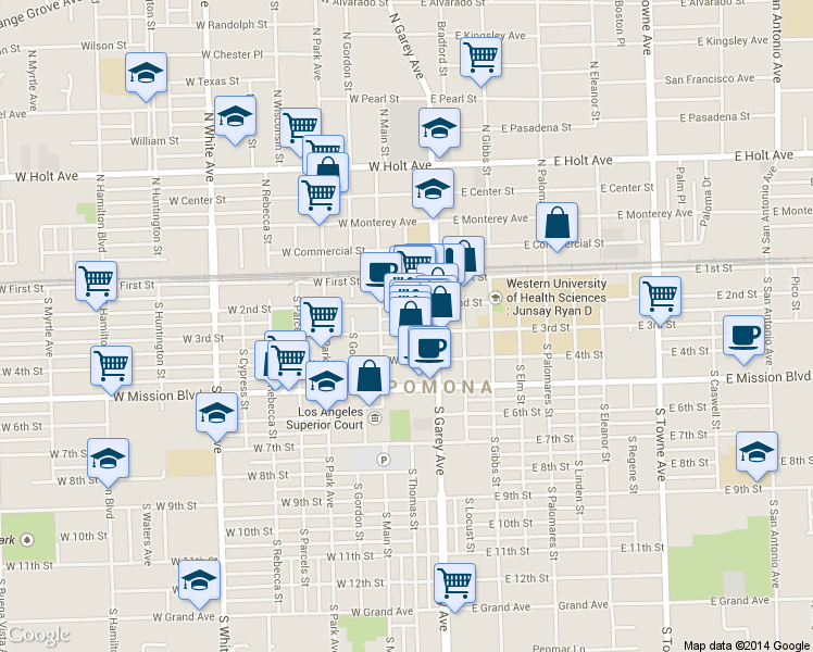 map of restaurants, bars, coffee shops, grocery stores, and more near 200 West 2nd Street in Pomona