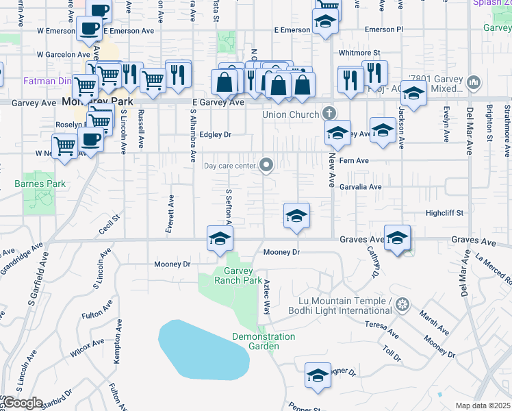 map of restaurants, bars, coffee shops, grocery stores, and more near 425 South Orange Avenue in Monterey Park