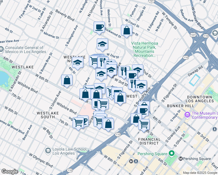map of restaurants, bars, coffee shops, grocery stores, and more near 322 Lucas Avenue in Los Angeles