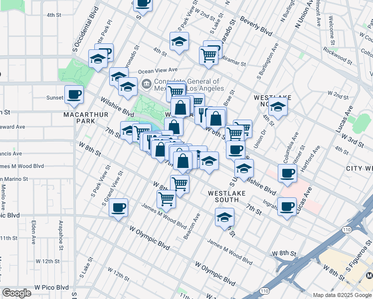 map of restaurants, bars, coffee shops, grocery stores, and more near 2007 Wilshire Boulevard in Los Angeles