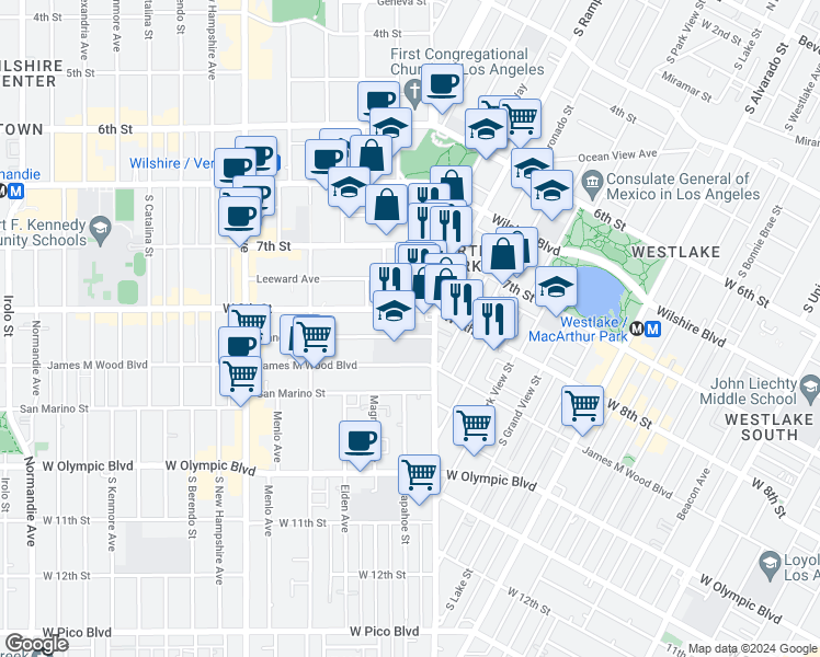 map of restaurants, bars, coffee shops, grocery stores, and more near 2744 West 8th Street in Los Angeles