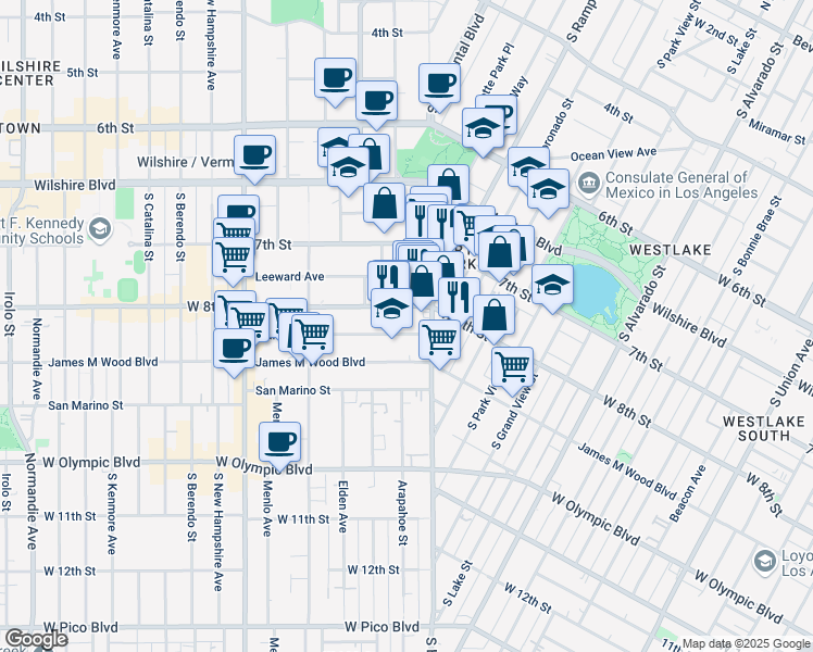 map of restaurants, bars, coffee shops, grocery stores, and more near 2744 West 8th Street in Los Angeles
