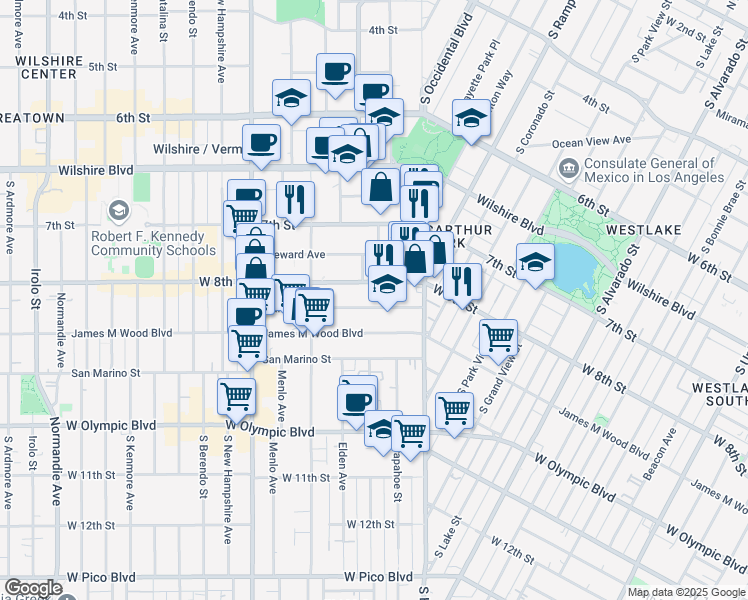 map of restaurants, bars, coffee shops, grocery stores, and more near 2802 West 8th Street in Los Angeles