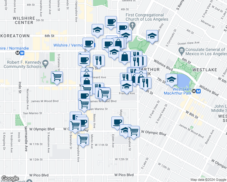 map of restaurants, bars, coffee shops, grocery stores, and more near 2802 West 8th Street in Los Angeles