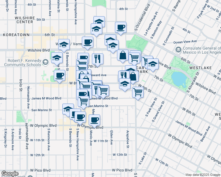 map of restaurants, bars, coffee shops, grocery stores, and more near 2870 West 8th Street in Los Angeles