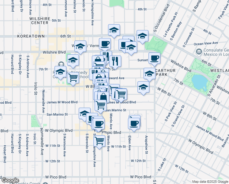 map of restaurants, bars, coffee shops, grocery stores, and more near 2936 West 8th Street in Los Angeles