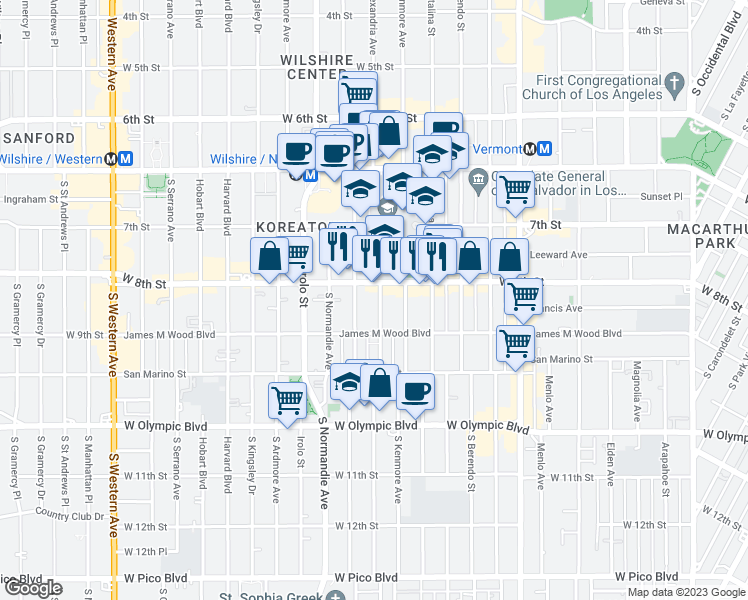 map of restaurants, bars, coffee shops, grocery stores, and more near 3188 West 8th Street in Los Angeles