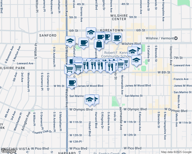 map of restaurants, bars, coffee shops, grocery stores, and more near 3418a West 8th Street in Los Angeles
