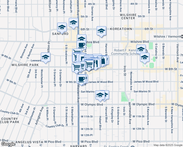 map of restaurants, bars, coffee shops, grocery stores, and more near 820 South Serrano Avenue in Los Angeles