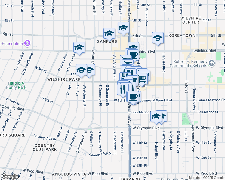 map of restaurants, bars, coffee shops, grocery stores, and more near 816 South Saint Andrews Place in Los Angeles