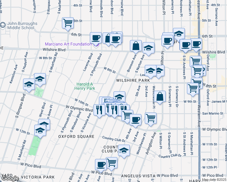 map of restaurants, bars, coffee shops, grocery stores, and more near 856 Crenshaw Boulevard in Los Angeles