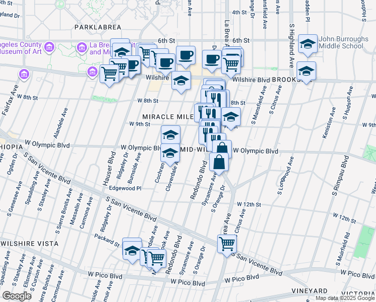 map of restaurants, bars, coffee shops, grocery stores, and more near 955 South Detroit Street in Los Angeles
