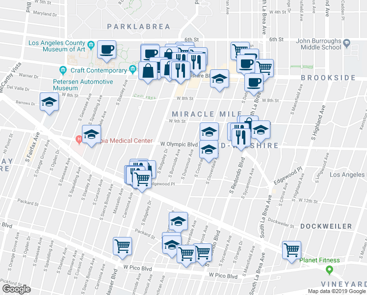 map of restaurants, bars, coffee shops, grocery stores, and more near 5601 West Olympic Boulevard in Los Angeles