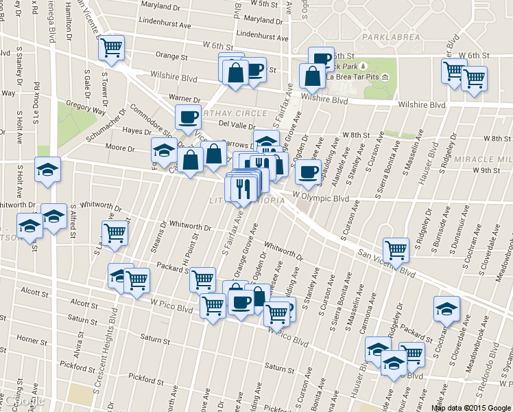 map of restaurants, bars, coffee shops, grocery stores, and more near in Los Angeles