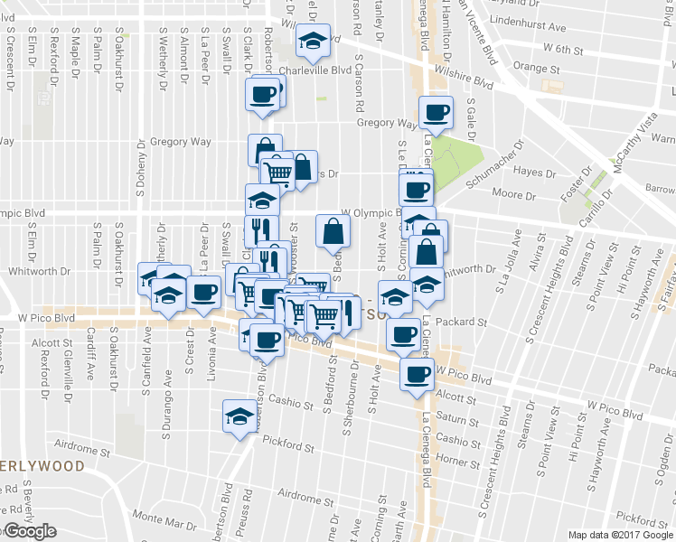 map of restaurants, bars, coffee shops, grocery stores, and more near 1064 South Bedford Street in Los Angeles