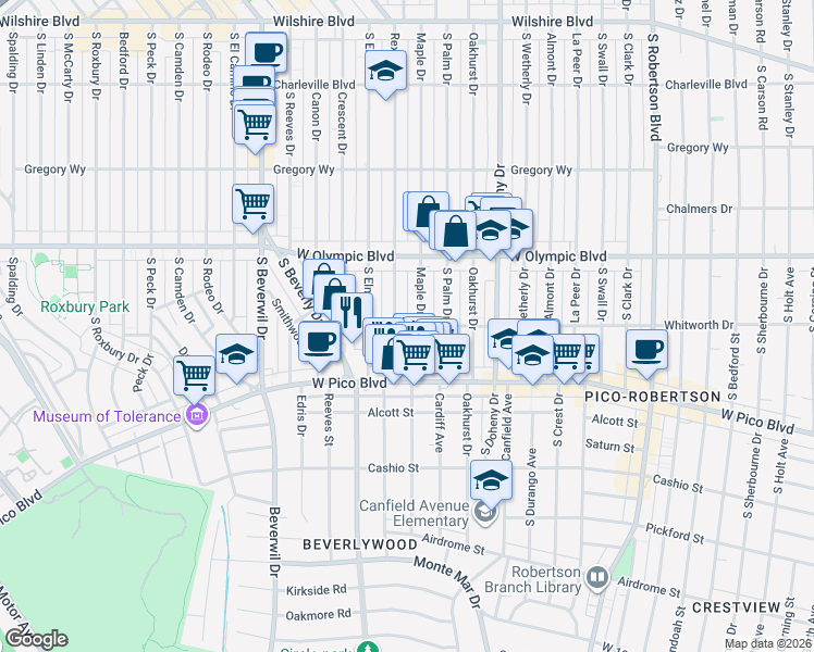 map of restaurants, bars, coffee shops, grocery stores, and more near 454 South Rexford Drive in Beverly Hills