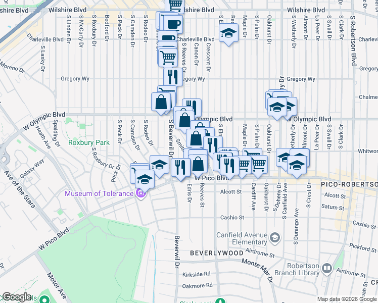 map of restaurants, bars, coffee shops, grocery stores, and more near 458 Smithwood Drive in Beverly Hills
