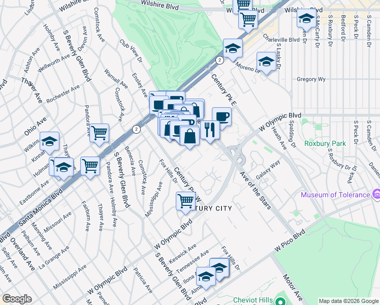 map of restaurants, bars, coffee shops, grocery stores, and more near 10250 Constellation Boulevard in Los Angeles