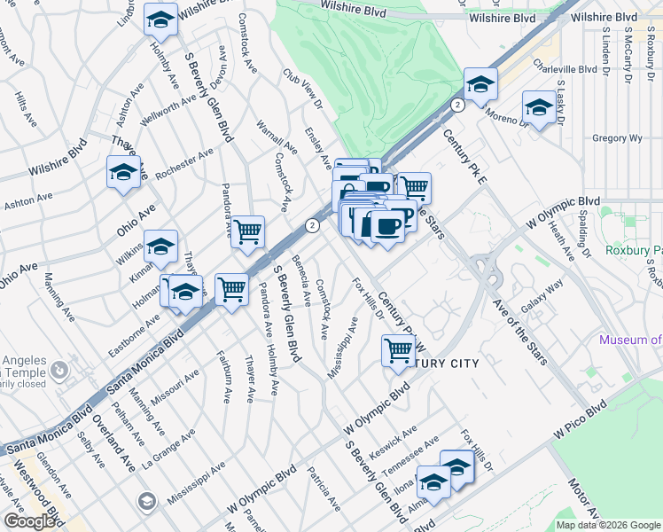map of restaurants, bars, coffee shops, grocery stores, and more near 1858 Fox Hills Drive in Los Angeles