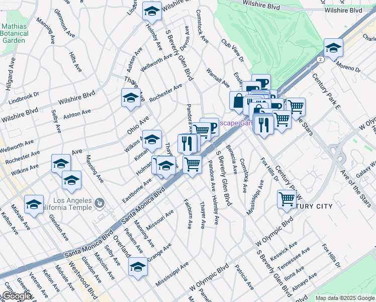 map of restaurants, bars, coffee shops, grocery stores, and more near 10465 Eastborne Avenue in Los Angeles