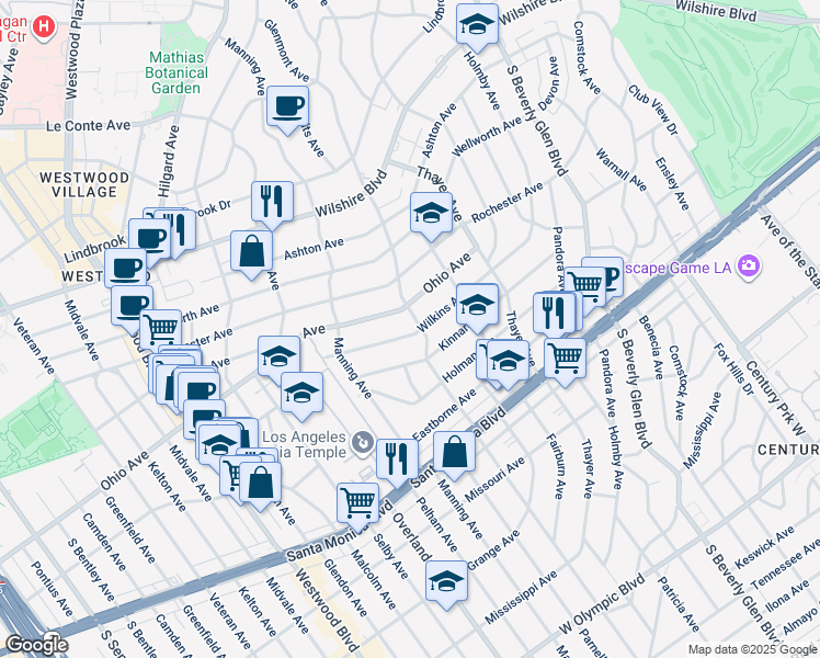 map of restaurants, bars, coffee shops, grocery stores, and more near 10612 Ohio Avenue in Los Angeles