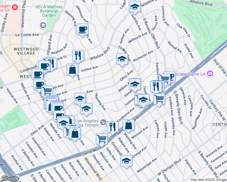 map of restaurants, bars, coffee shops, grocery stores, and more near 10612 Ohio Avenue in Los Angeles