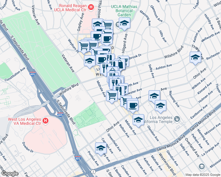 map of restaurants, bars, coffee shops, grocery stores, and more near 1234 Westwood Boulevard in Los Angeles