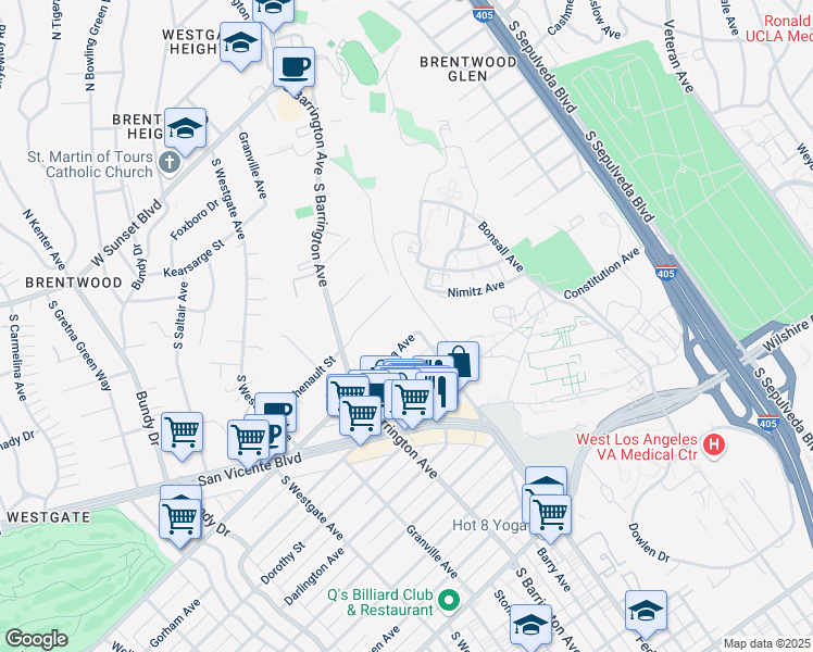 map of restaurants, bars, coffee shops, grocery stores, and more near 11620 Chenault Street in Los Angeles