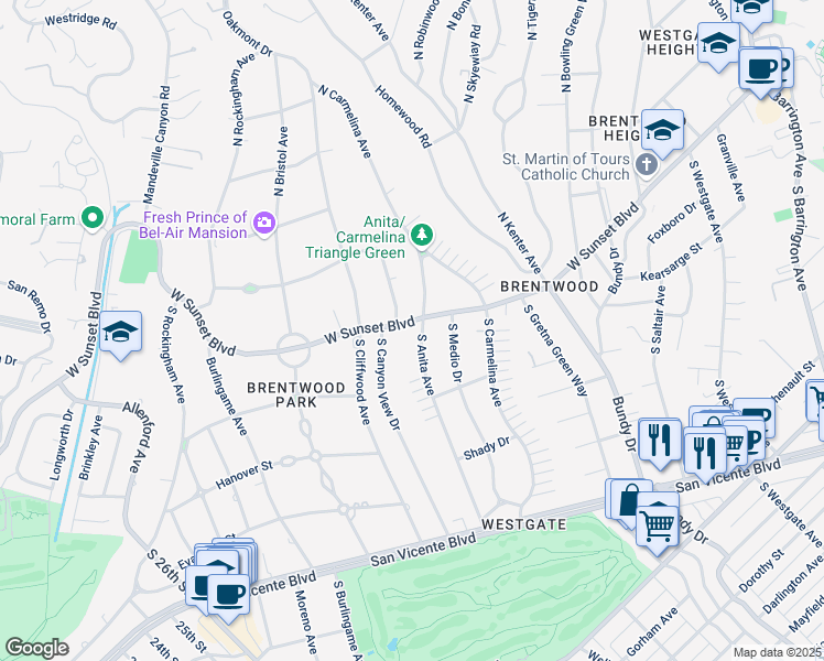map of restaurants, bars, coffee shops, grocery stores, and more near 12611 Sunset Boulevard in Los Angeles