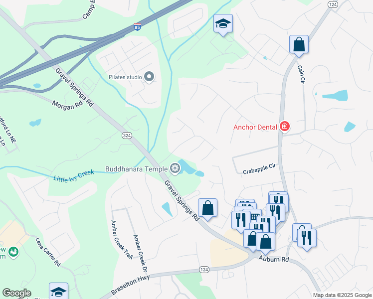 map of restaurants, bars, coffee shops, grocery stores, and more near 2602 Midler Court in Buford