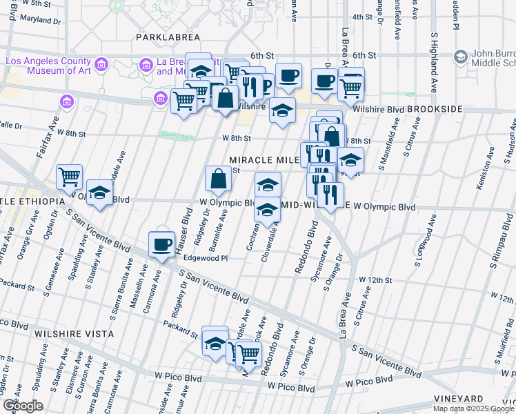 map of restaurants, bars, coffee shops, grocery stores, and more near 5500 West Olympic Boulevard in Los Angeles