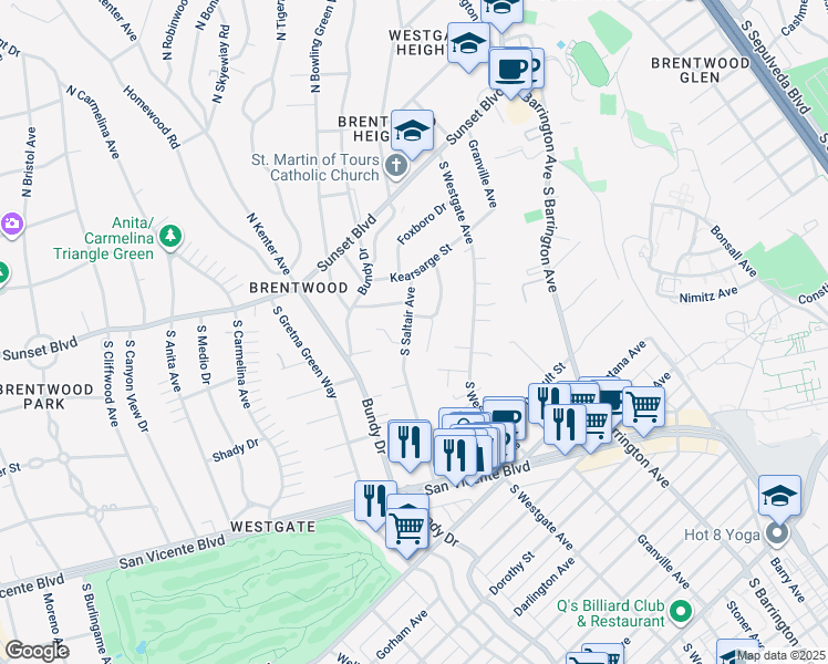 map of restaurants, bars, coffee shops, grocery stores, and more near 320 South Saltair Avenue in Los Angeles