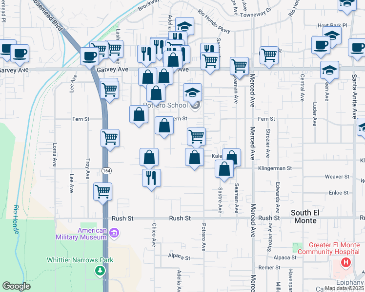 map of restaurants, bars, coffee shops, grocery stores, and more near 2463 Tamora Avenue in South El Monte