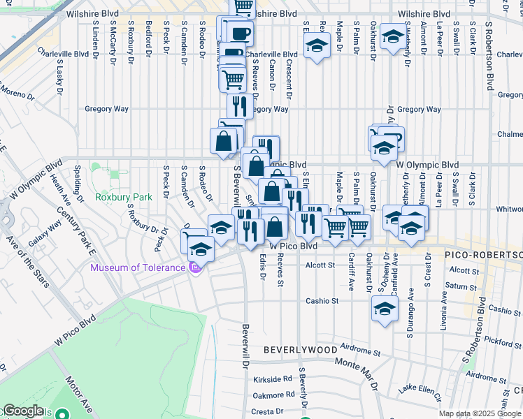 map of restaurants, bars, coffee shops, grocery stores, and more near 502 Smithwood Drive in Beverly Hills
