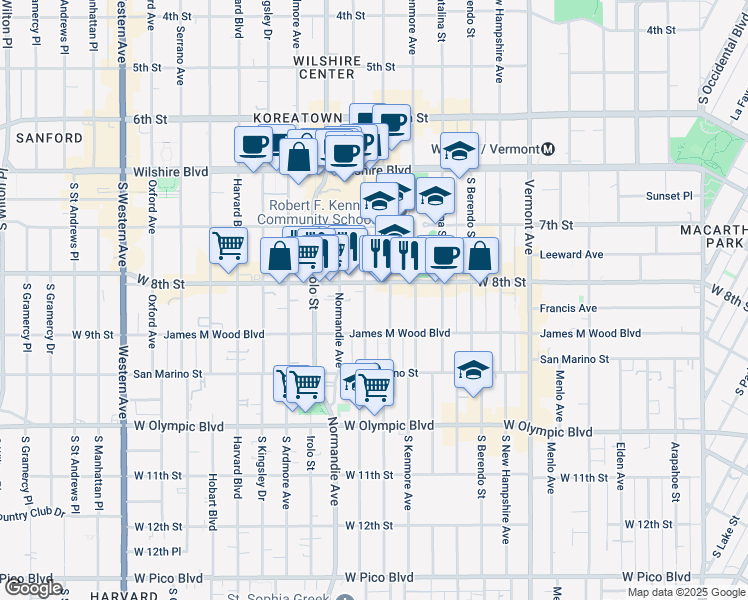 map of restaurants, bars, coffee shops, grocery stores, and more near 3242 West 8th Street in Los Angeles