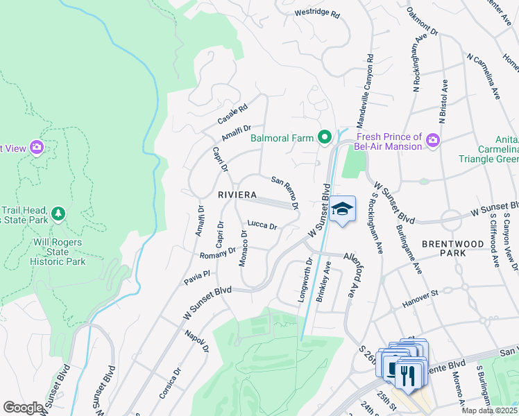 map of restaurants, bars, coffee shops, grocery stores, and more near 13550 West D Este Drive in Los Angeles