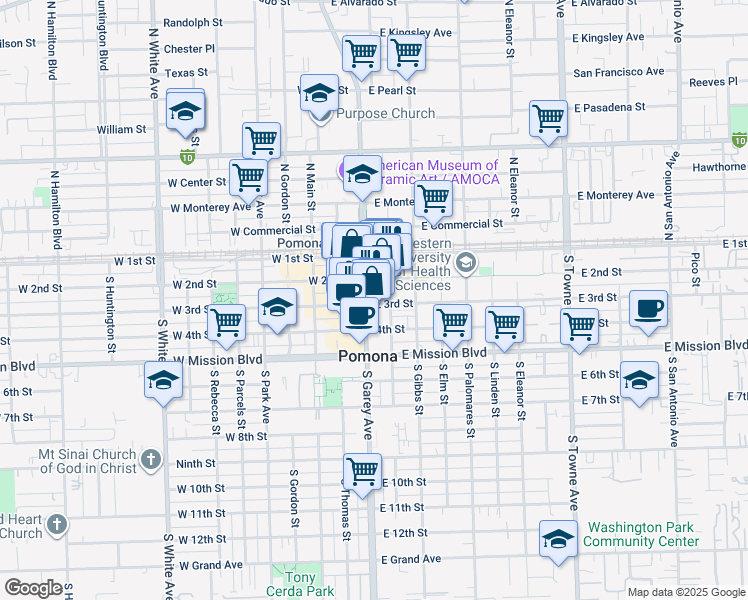 map of restaurants, bars, coffee shops, grocery stores, and more near 115 East 3rd Street in Pomona